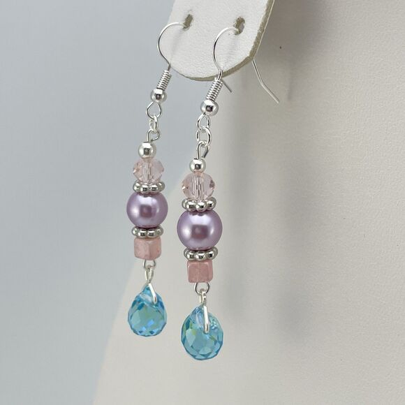 Silver Tone Blue Pink Purple Glass Beaded Dangle Earrings Faux Pearl Teardrop - Picture 3 of 6